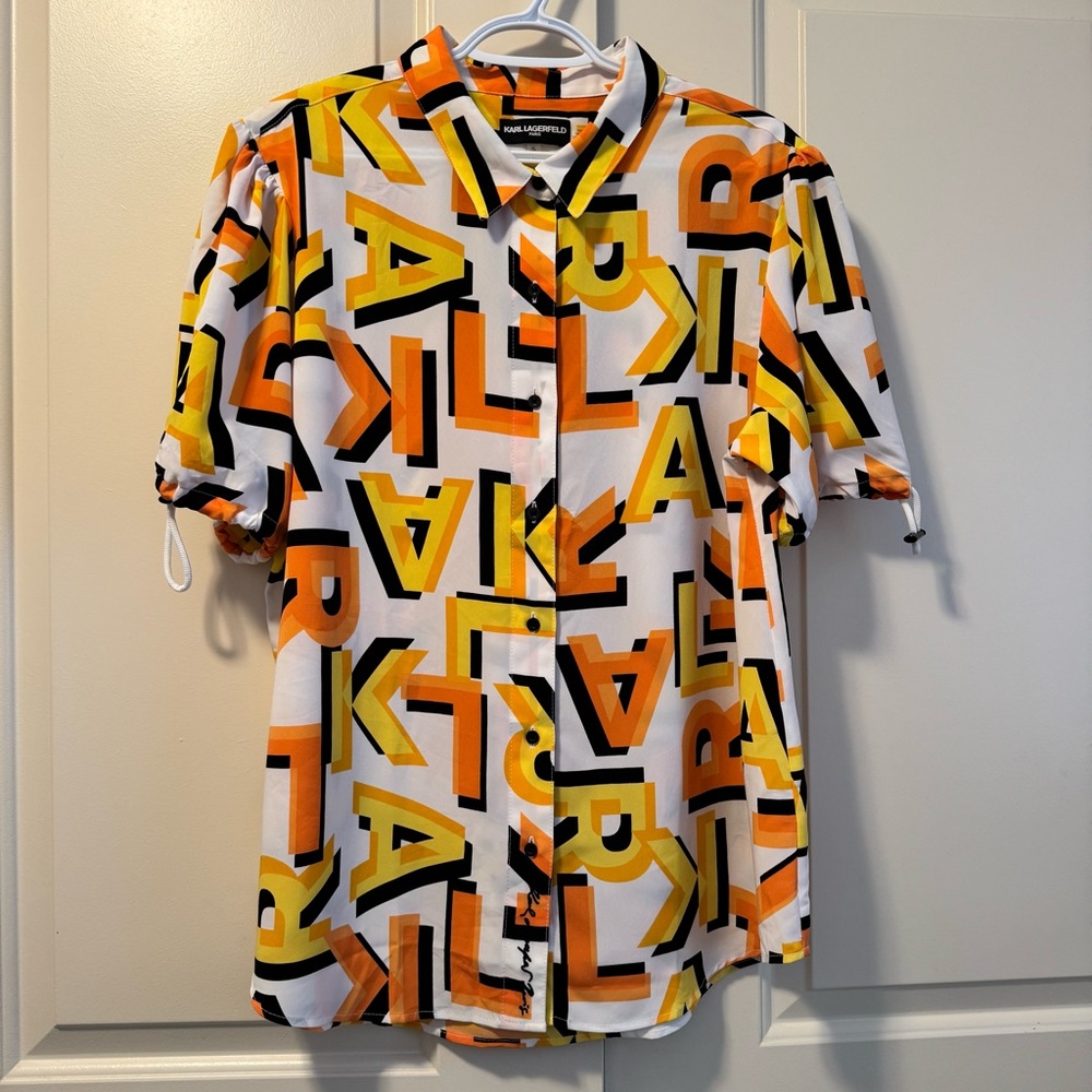 Karl Lagerfeld White Yellow Orange Black Short Sleeve Button Up Blouse Sz XL